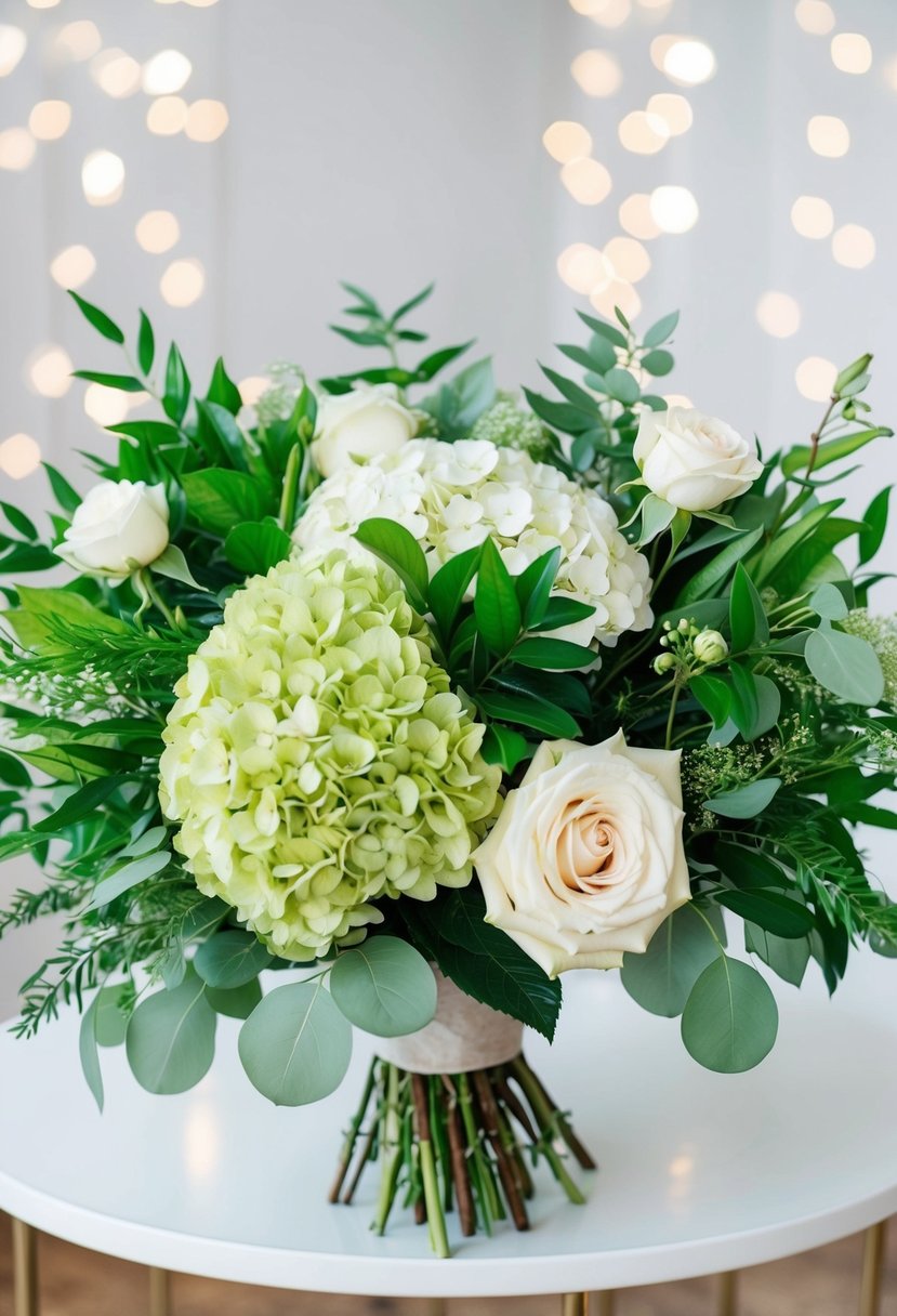 A lush bouquet of greenery, hydrangeas, and roses, with white blooms, arranged in a simple and elegant style