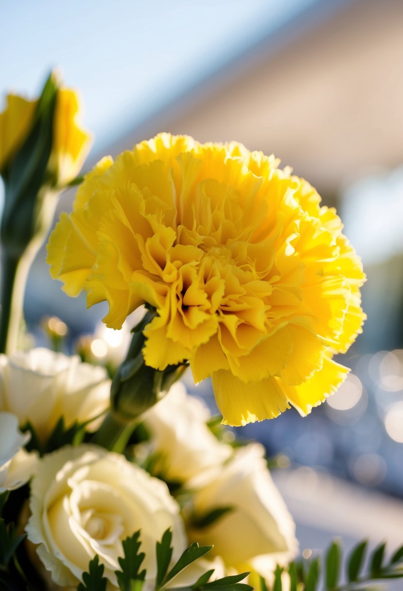 A vibrant yellow carnation bursts from a sunny wedding bouquet