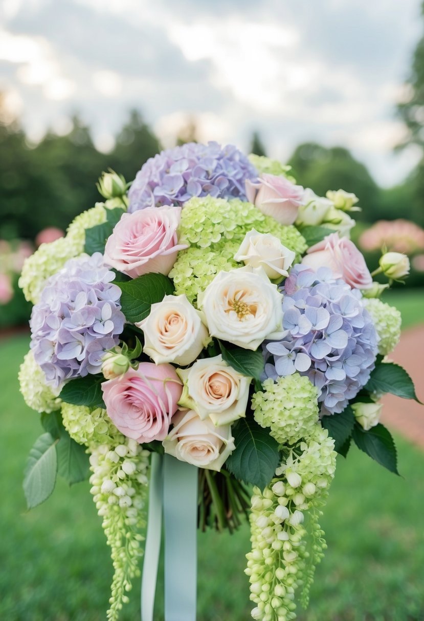 A lush bouquet of cascading hydrangeas and roses in soft, elegant colors