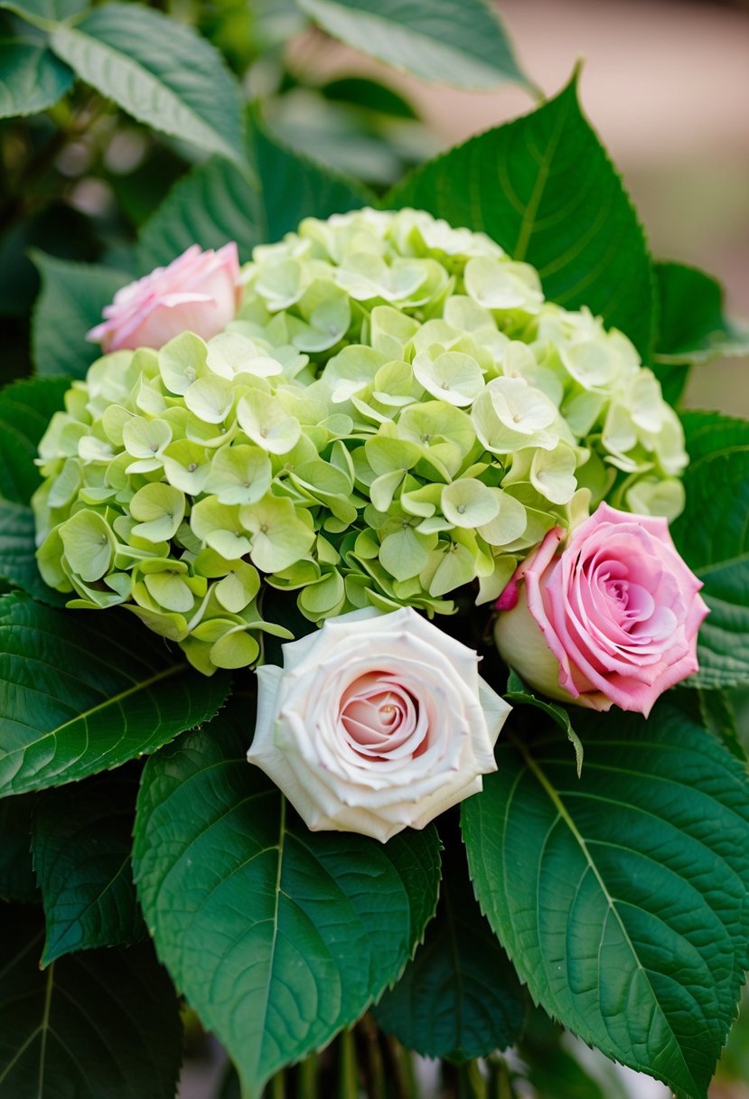 Lush green leaves surround a cluster of hydrangeas and roses, creating a vibrant wedding bouquet