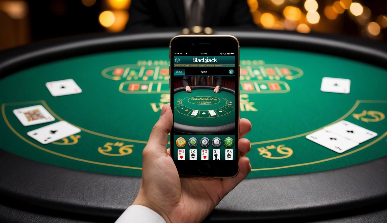 Sebuah smartphone menampilkan aplikasi permainan blackjack, dengan meja felt hijau yang familiar dan kartu yang dibagikan. Layar diterangi dengan antarmuka permainan.