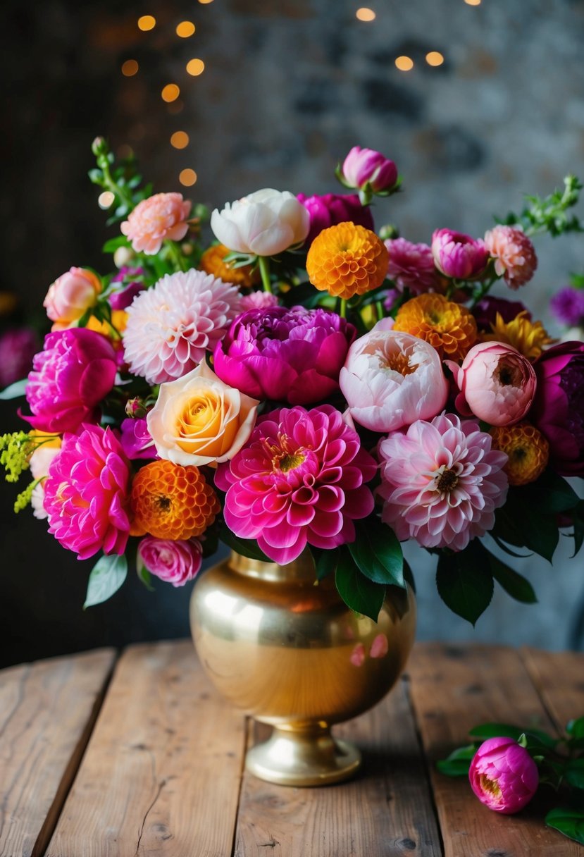 A colorful array of roses, peonies, and dahlias in a gold vase on a rustic wooden table