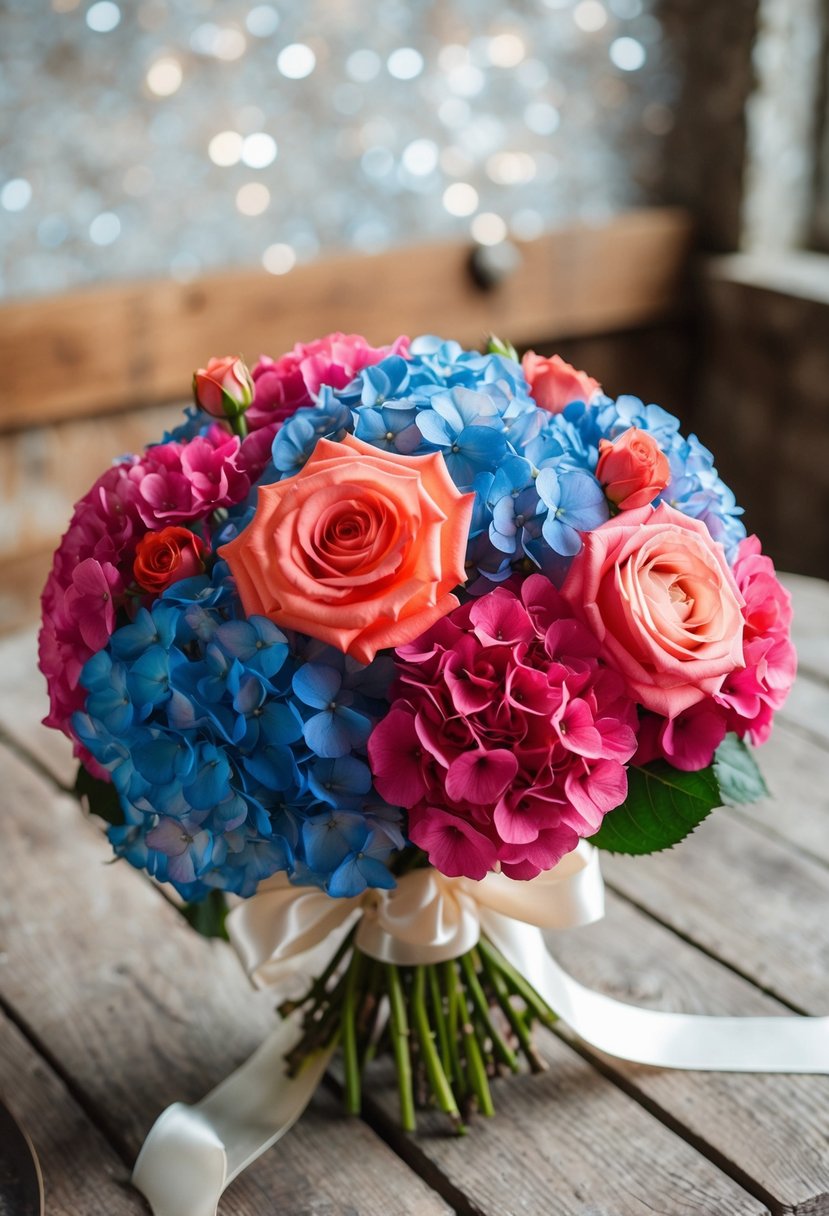 A vibrant bouquet of coral and blue hydrangeas mixed with roses, tied with a satin ribbon, sits on a rustic wooden table