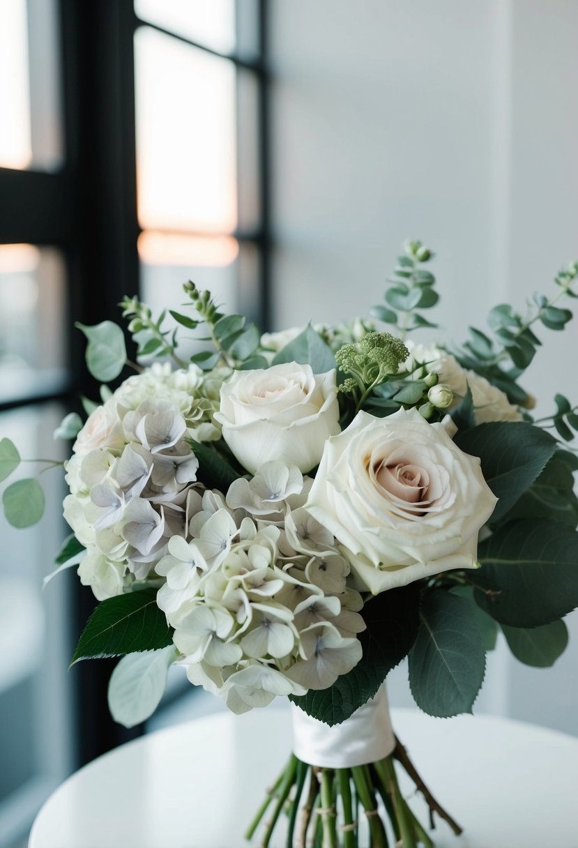 A modern monochromatic palette wedding bouquet featuring hydrangeas and roses, with clean lines and minimalistic design