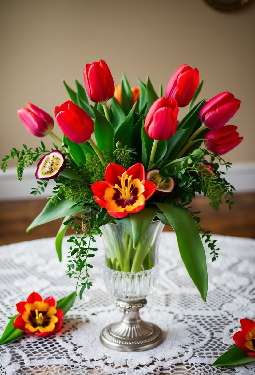 A lush bouquet of scarlet tulips and vibrant passion flowers, accented with greenery, sits in a crystal vase on a white lace tablecloth