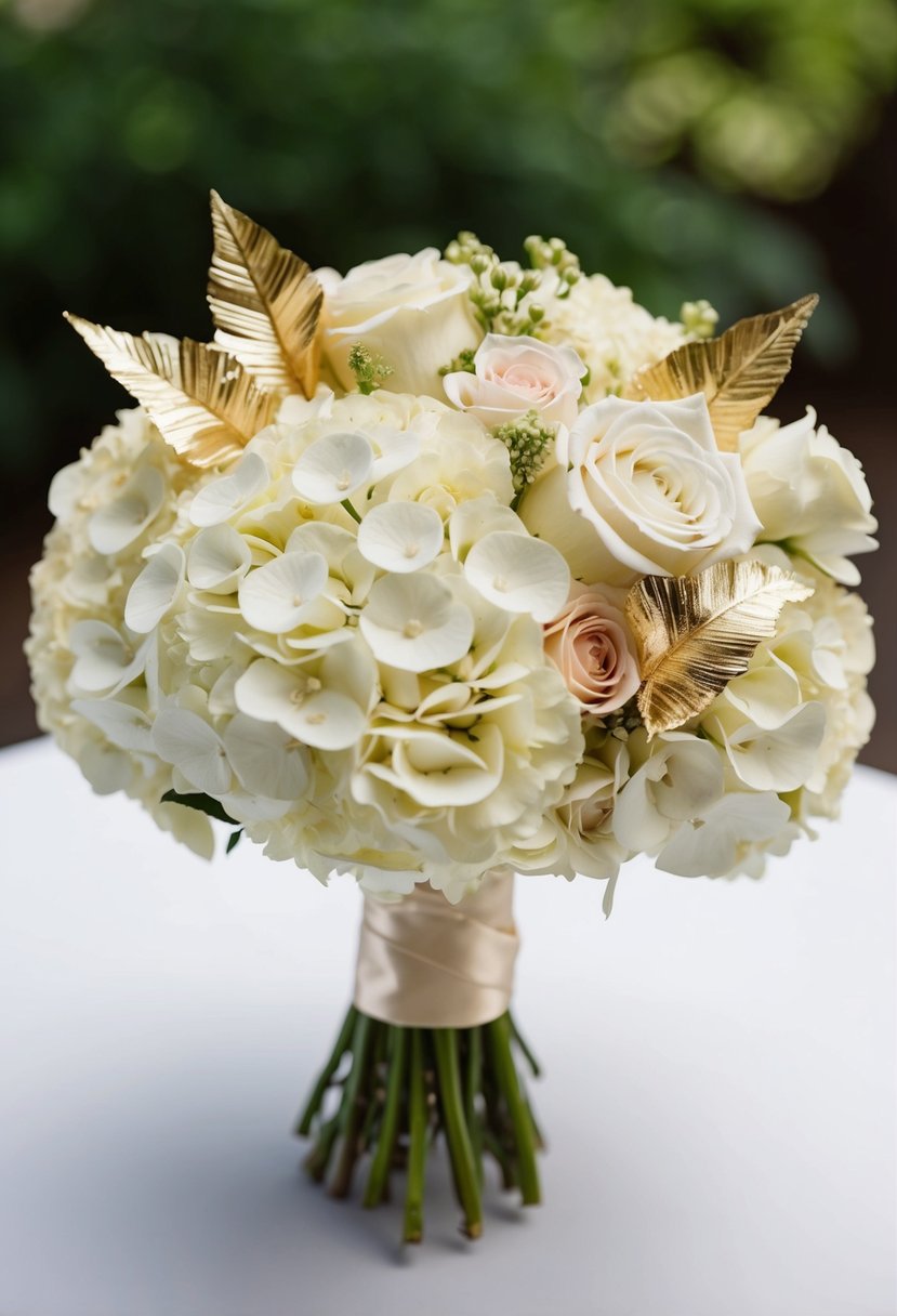 A bridal bouquet with gold accents, hydrangeas, and roses