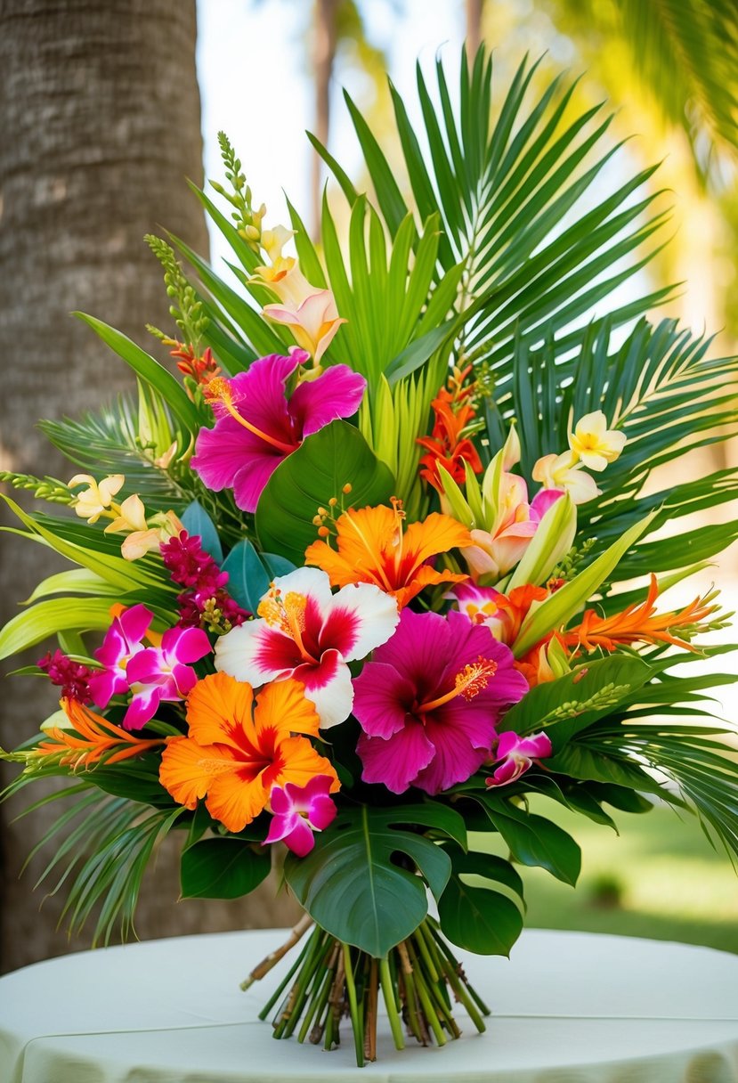 A colorful array of tropical flowers and foliage, including hibiscus, orchids, and palm fronds, arranged in a lush and vibrant wedding bouquet