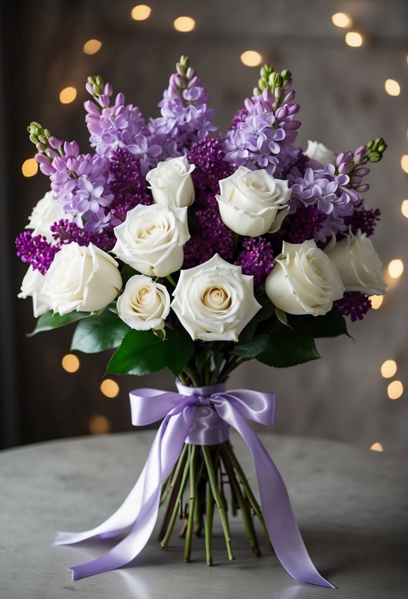 A vibrant bouquet of white roses and purple lilacs, tied with a satin ribbon