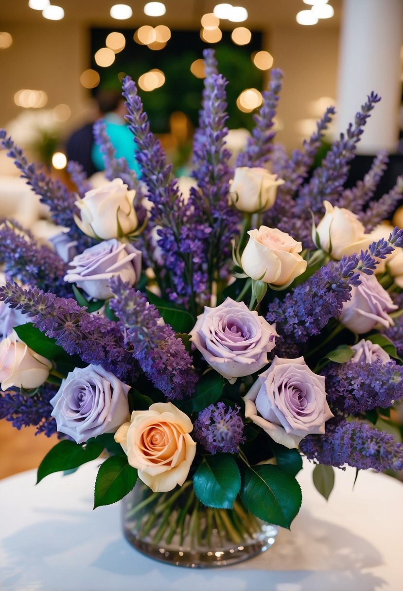 A lush bouquet of lavender and roses, arranged in an elegant and vibrant display