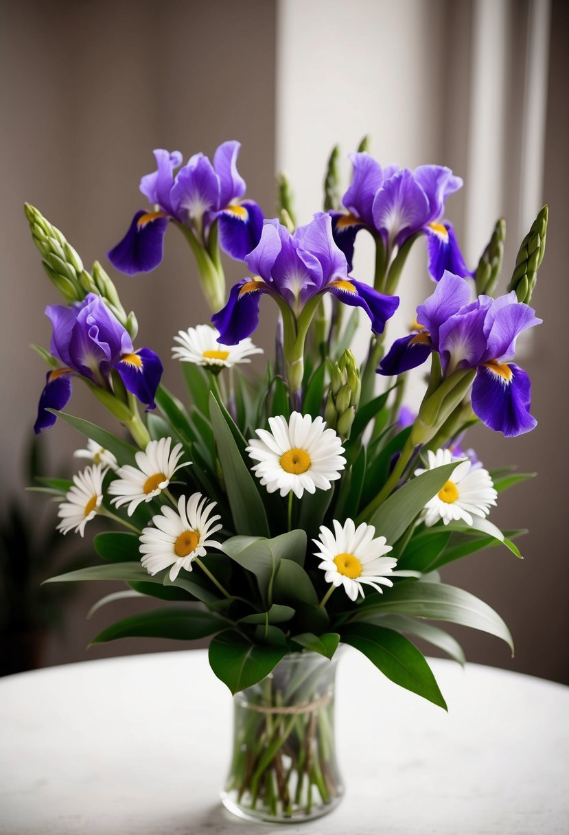 A delicate bouquet of purple irises and white daisies arranged in an elegant manner