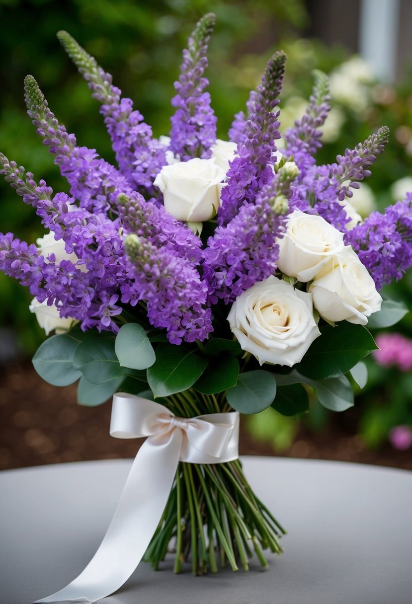 A lush bouquet of lavender lisianthus and white roses, tied with a satin ribbon