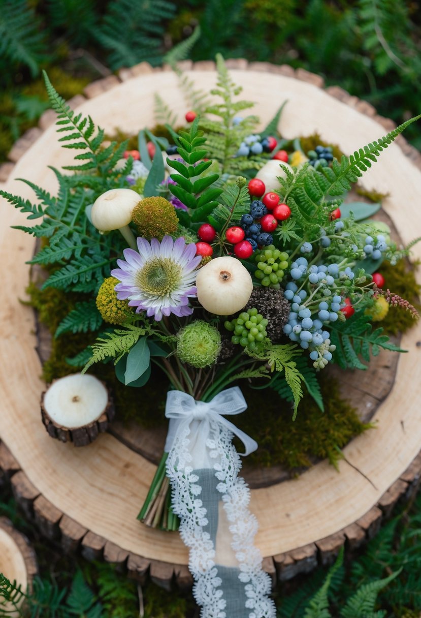 A lush bouquet of wildflowers, ferns, and berries nestled in a bed of rustic wood slices and moss, with a touch of delicate lace ribbon