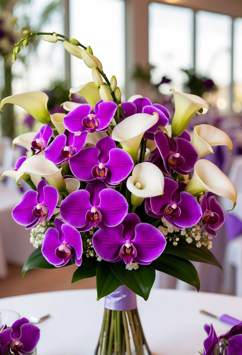 A vibrant bouquet of purple Phalaenopsis orchids and white Calla lilies arranged in a delicate and elegant wedding bouquet