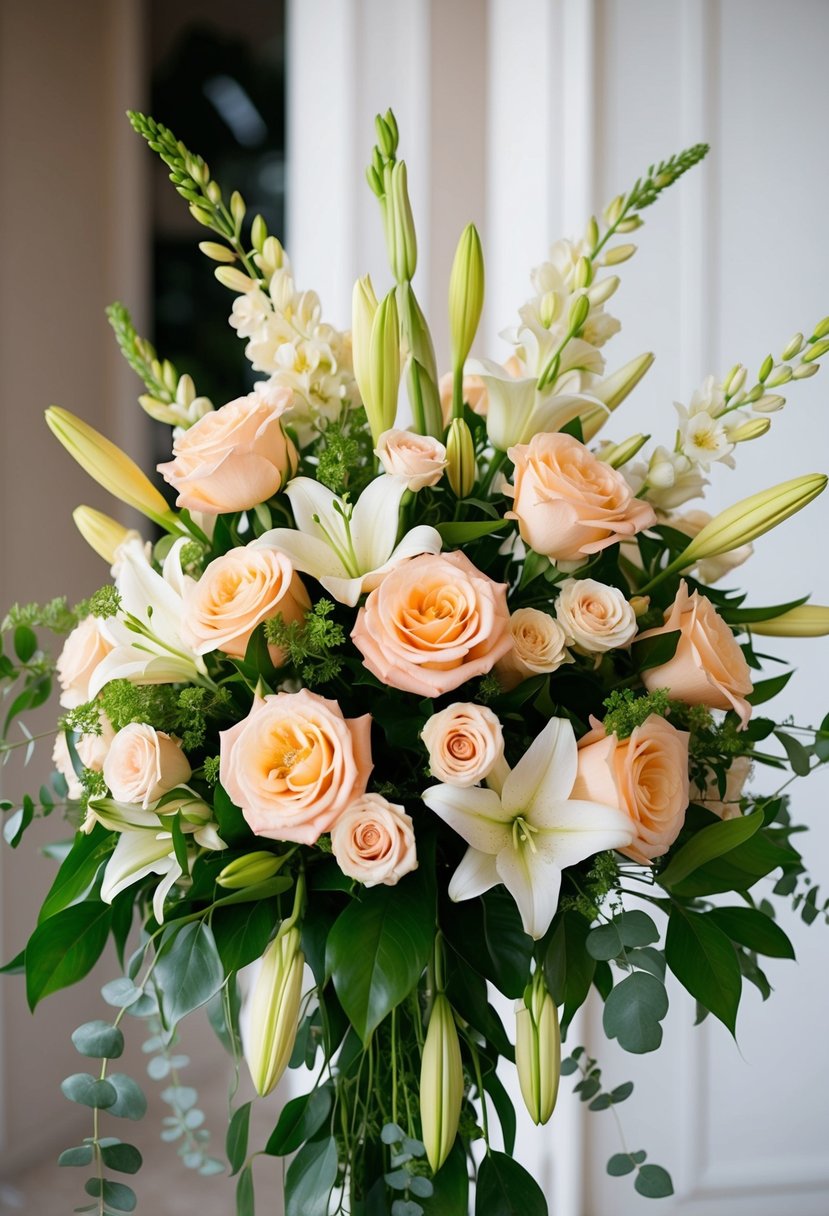 A lush bouquet of peach and cream roses, lilies, and greenery arranged in an elegant, cascading style