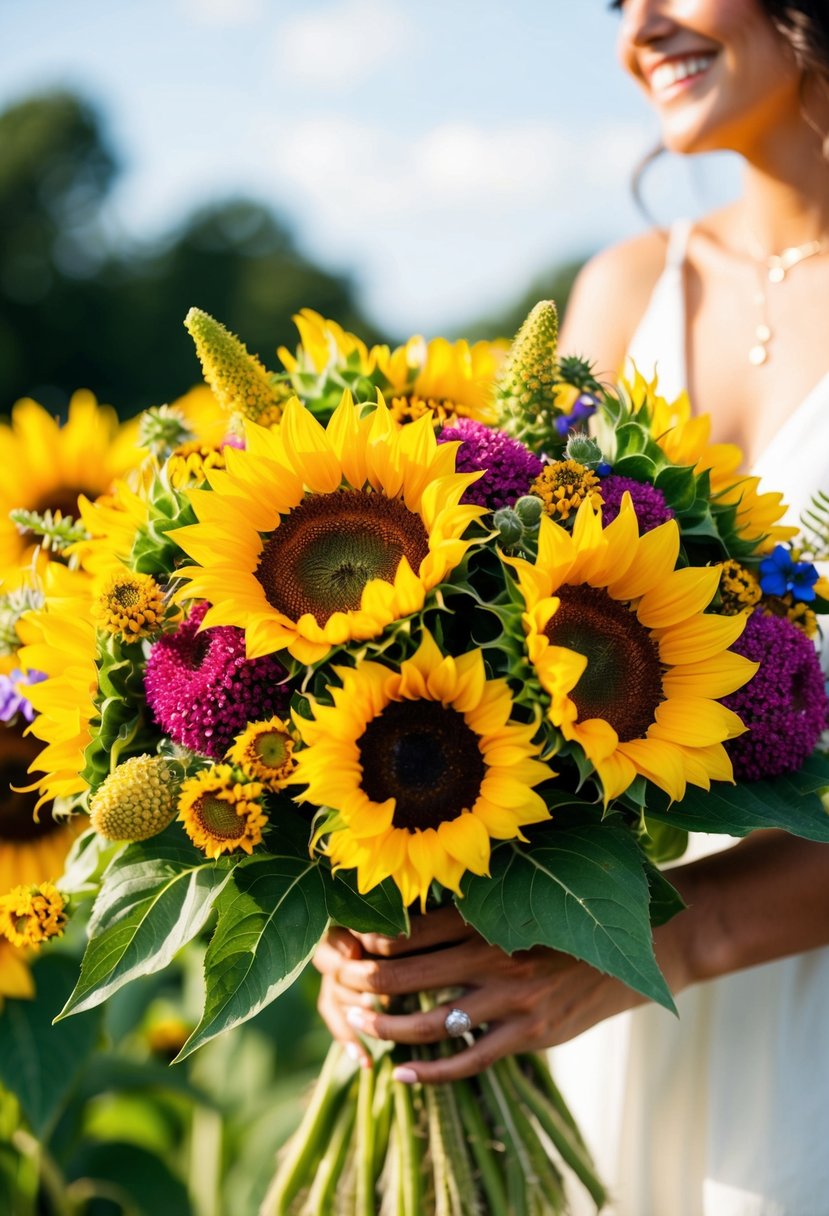 A sunflower summer splash bouquet bursting with vibrant colors and textures, perfect for a lively wedding celebration