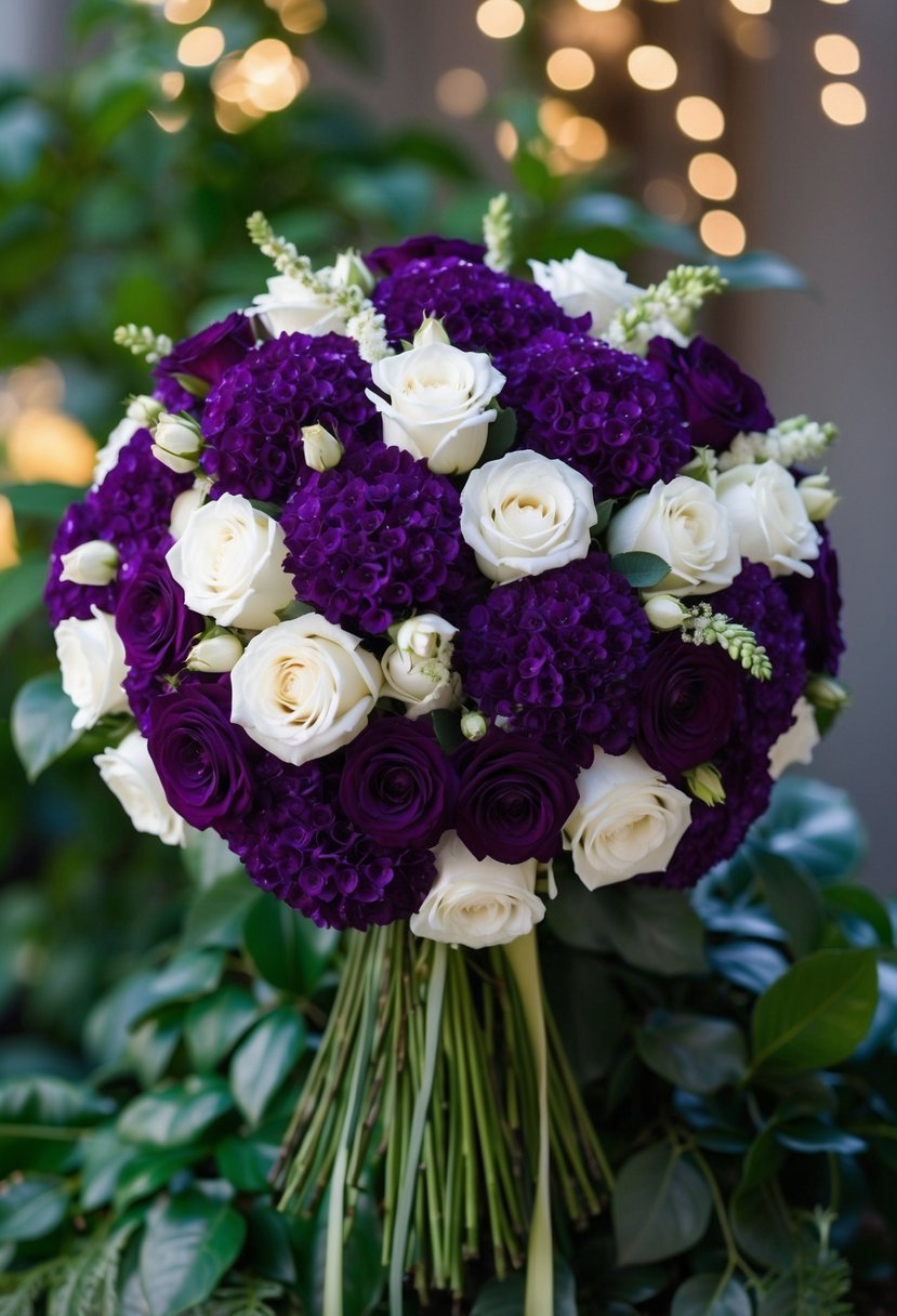 A lush bouquet of deep purple blooms and white roses arranged in a cascading style