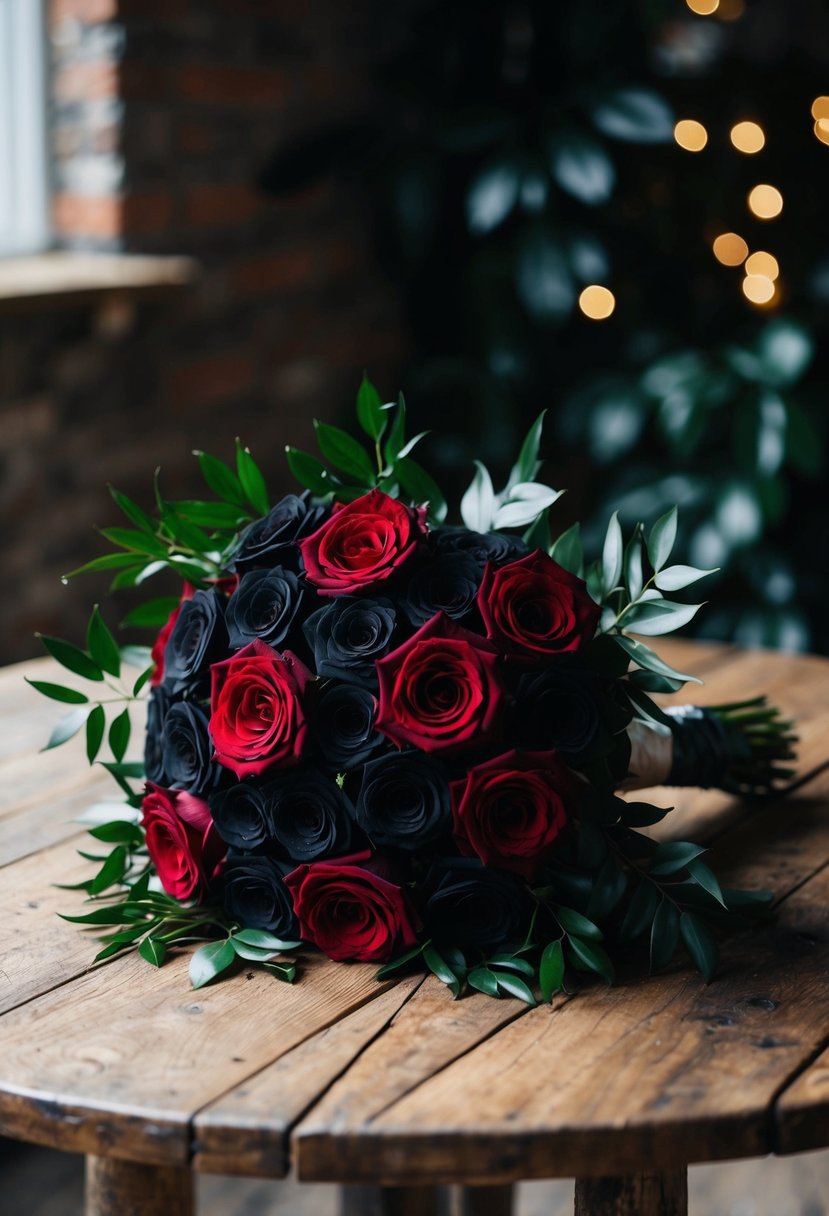 A black wedding bouquet lies on a rustic wooden table, surrounded by deep red roses and dark green foliage