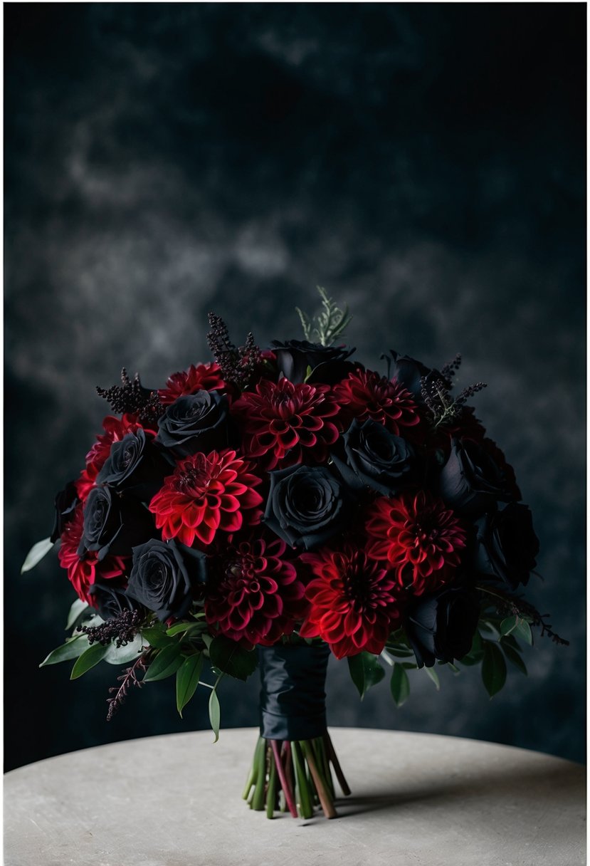 A dark, moody wedding bouquet featuring deep red dahlias and black roses, set against a dramatic background