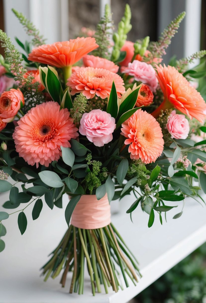 A lush bouquet of coral and pink flowers, accented with greenery, arranged in a flowing, romantic style