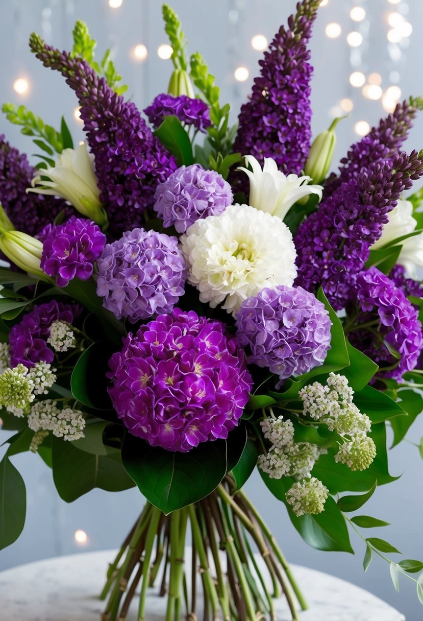 A vibrant bouquet of eggplant lisianthus and lilacs in shades of purple and white, arranged in a cascading style with greenery and delicate filler flowers