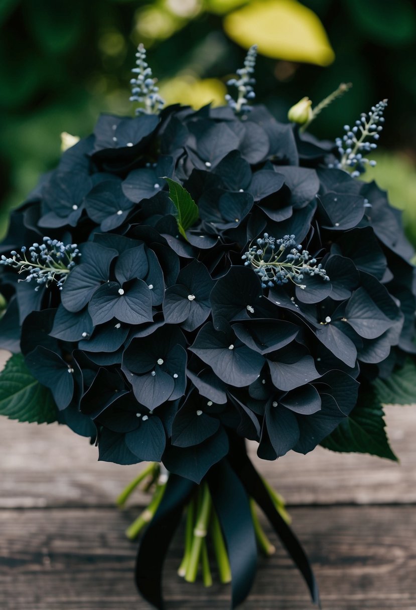 A black hydrangea bouquet with gothic accents