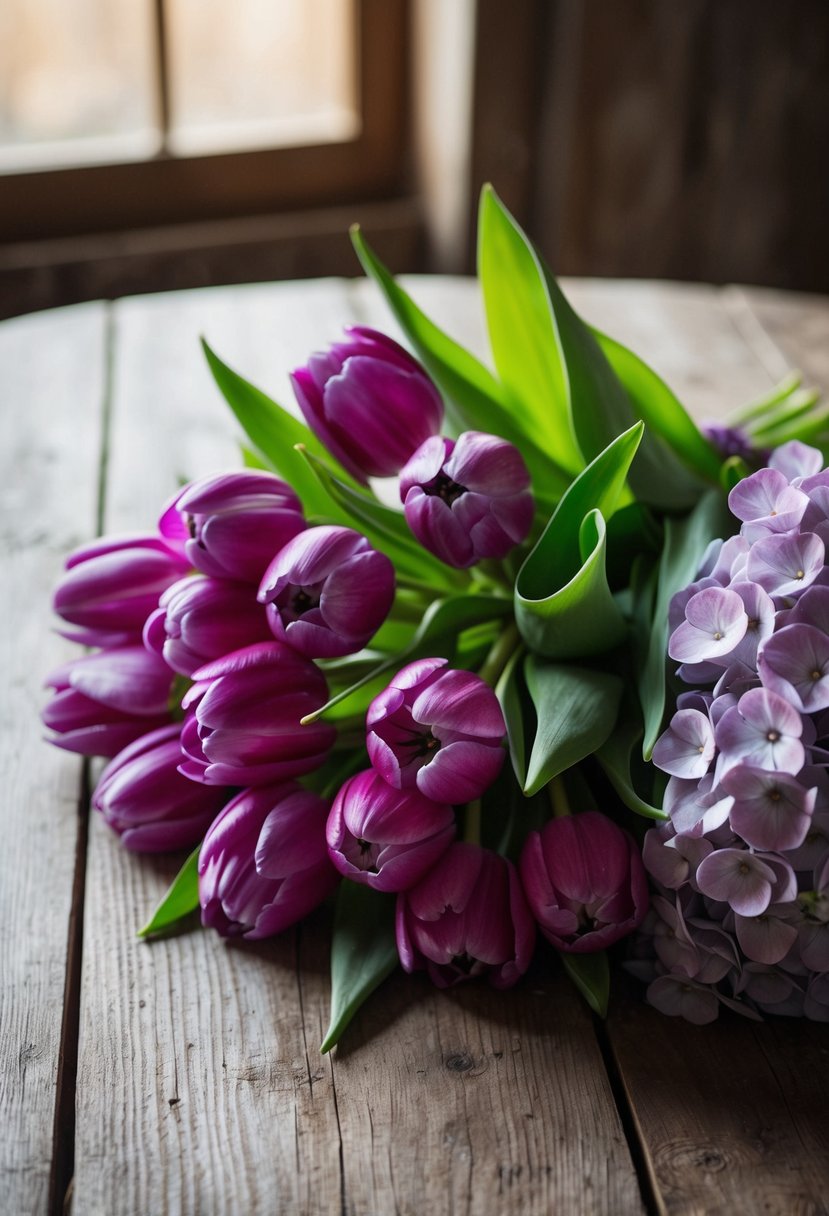 A vibrant bouquet of purple tulips and snowy hydrangeas sits on a rustic wooden table, with soft natural light illuminating the delicate petals