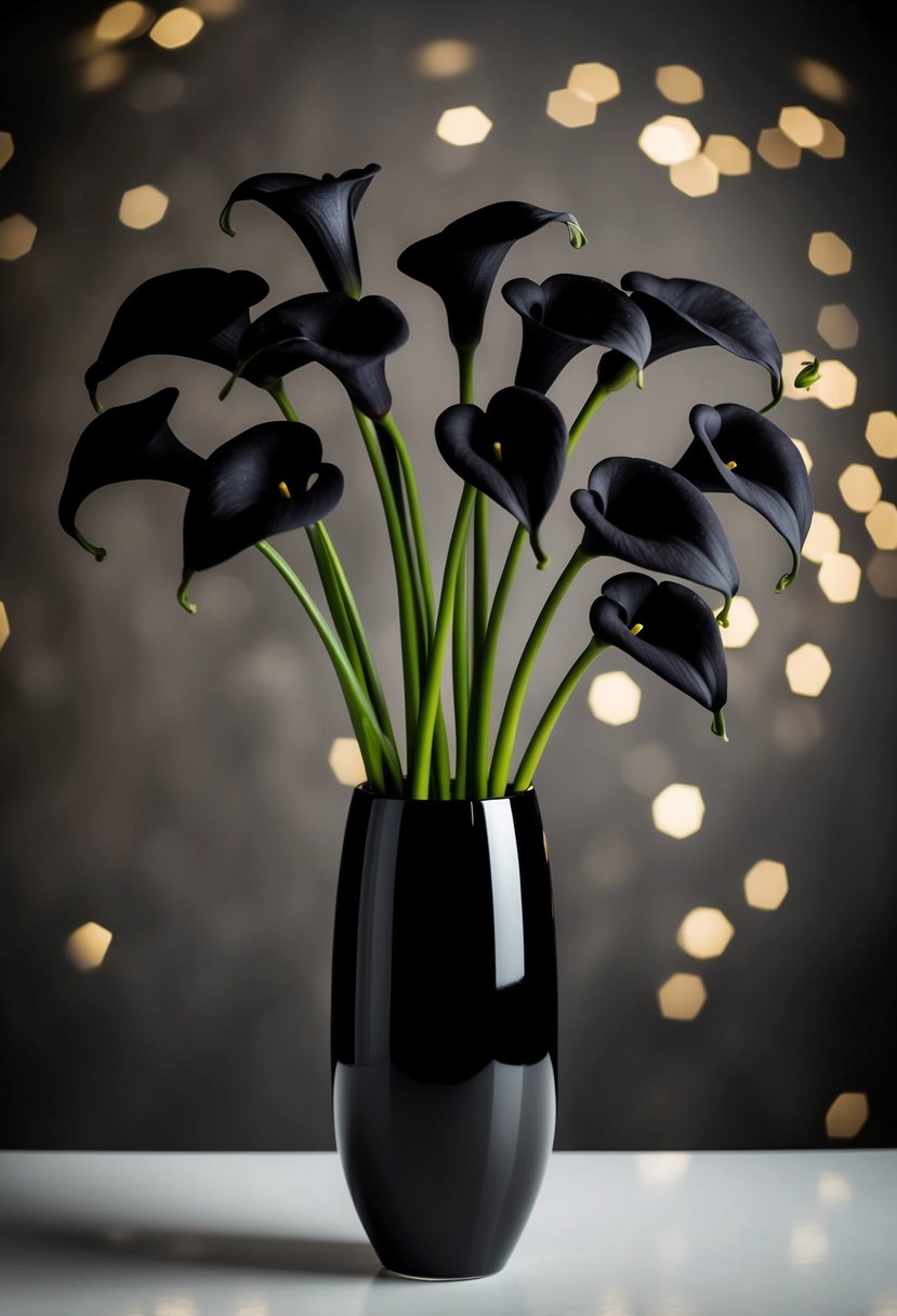 A sleek black vase holds a dramatic arrangement of black calla lilies, with their long, elegant stems and deep, velvety petals