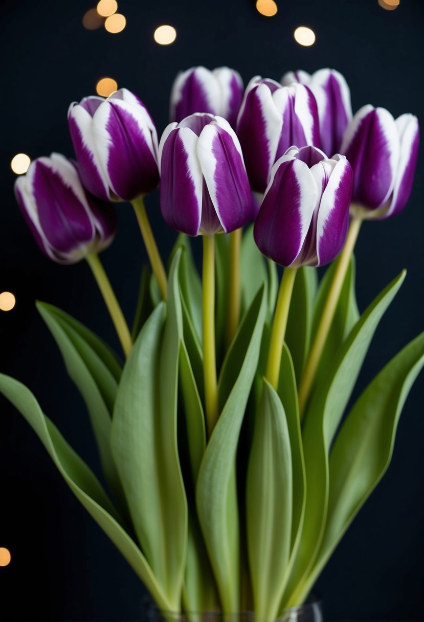 A bouquet of deep purple tulips with white accents, set against a black background