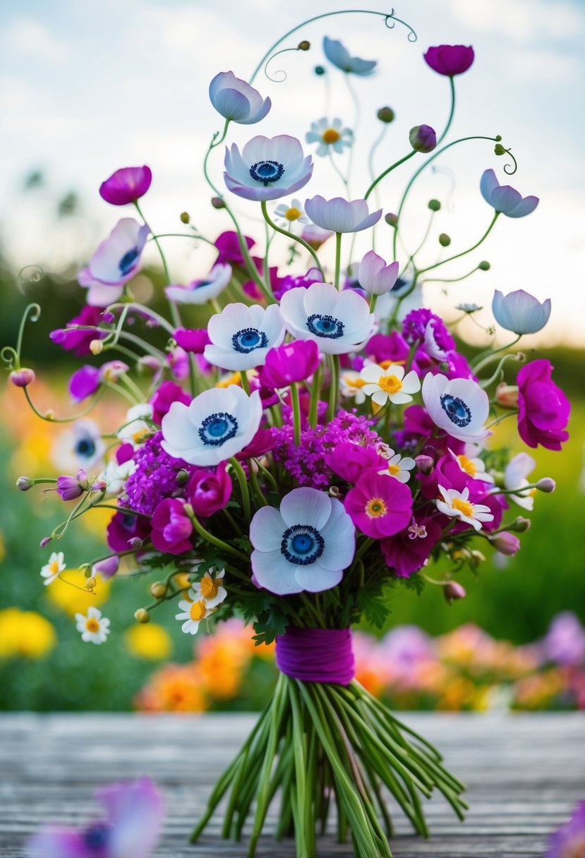 A vibrant bouquet of whimsical anemones and magical flowers, swirling and dancing in the air, creating a sense of enchantment and joy