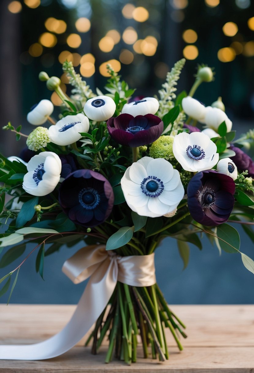 A lush bouquet of dark purple anemones and white ranunculus, accented with greenery and tied with a satin ribbon