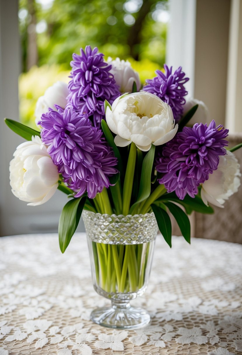 A lush bouquet of purple hyacinths and ivory peonies in a crystal vase on a lace tablecloth