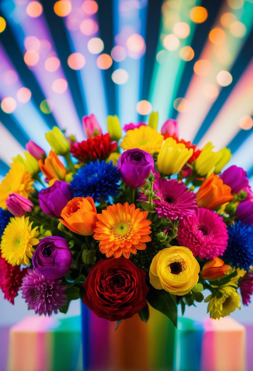 A bouquet of colorful flowers in a variety of shades, arranged in a vibrant and radiant display, emitting a rainbow glow