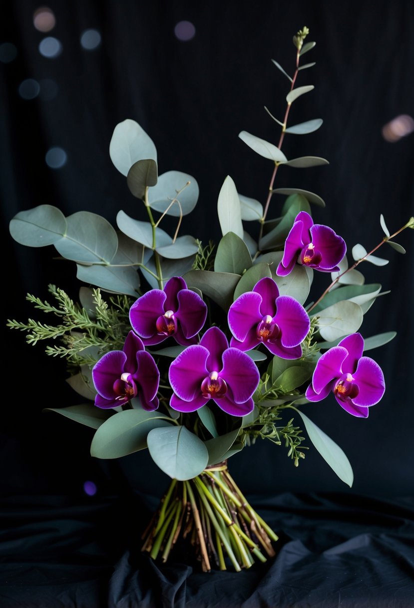 A striking bouquet of eucalyptus leaves and deep purple orchids, contrasting against a black backdrop