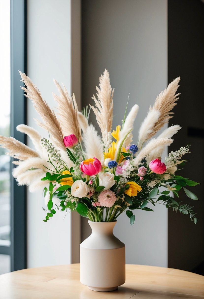 A vibrant wedding bouquet of pampas grass and chic florals in a modern, minimalist vase