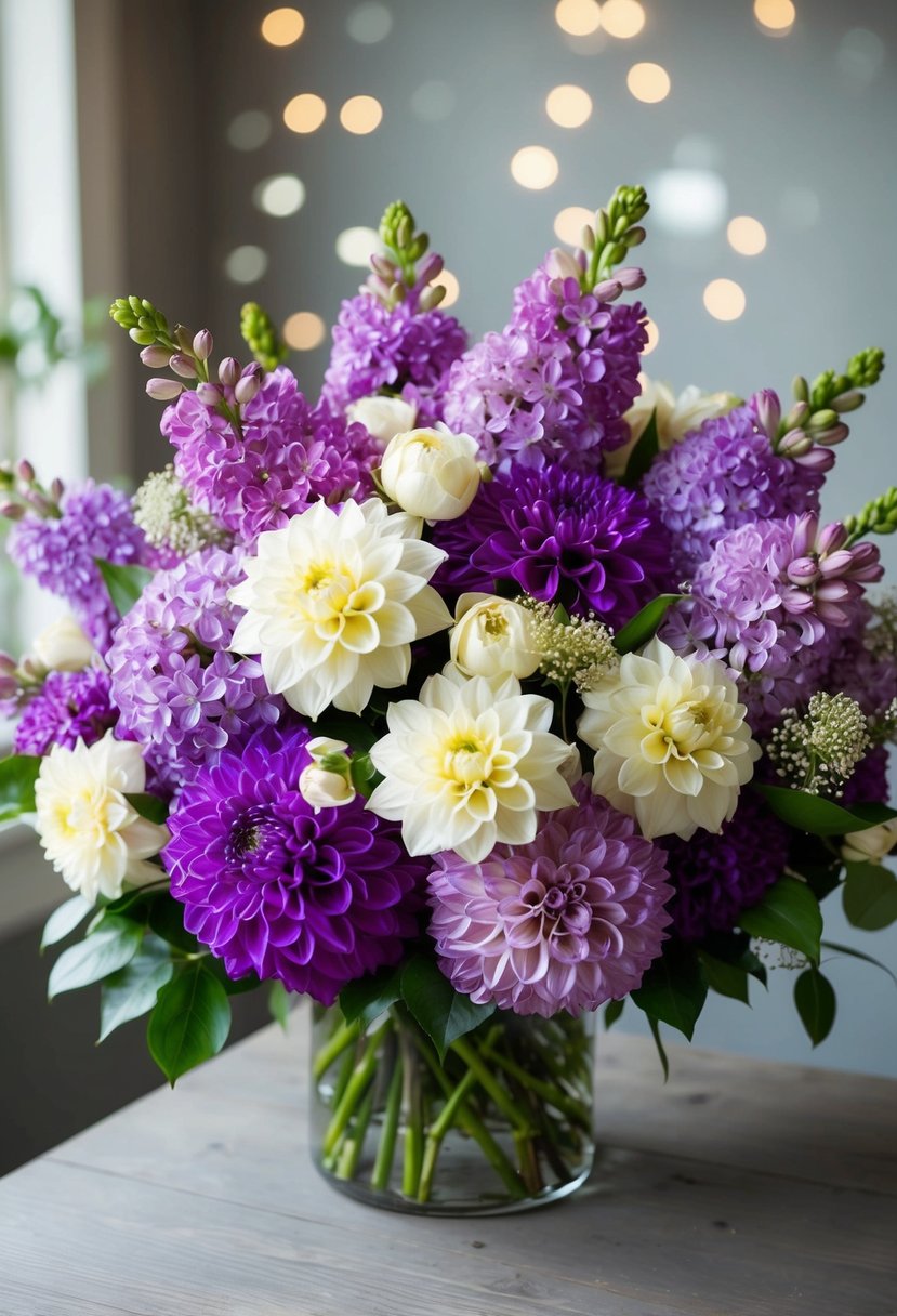 A lush bouquet of rich purple lilacs and cream dahlias, accented with delicate white flowers