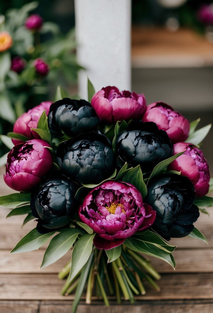 A bouquet of black and burgundy peonies arranged in a classic style