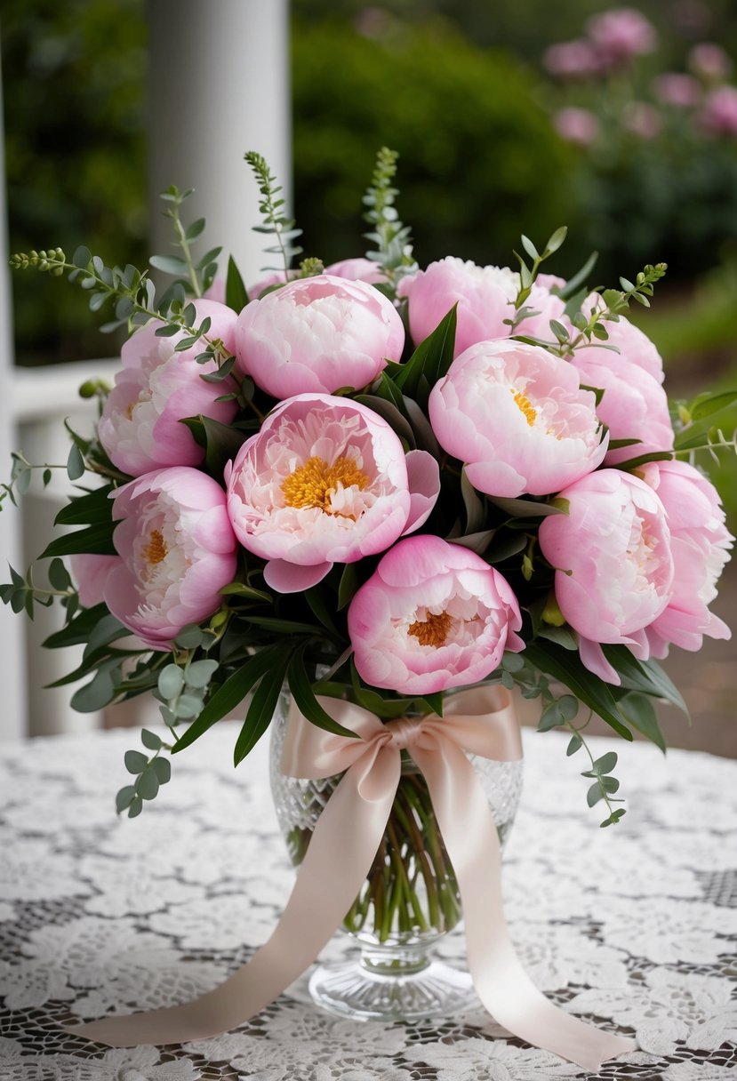 A lush bouquet of pink peonies, accented with delicate greenery and tied with a satin ribbon, sits in a crystal vase on a lace-covered table