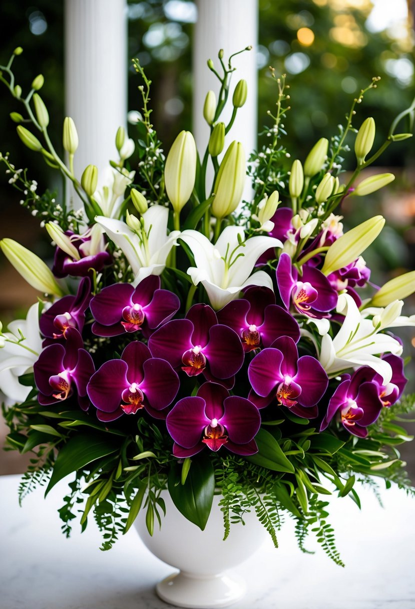 A lush bouquet of deep eggplant orchids and white lilies, intertwined with greenery, arranged in a white vase