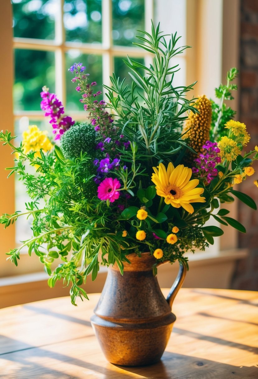 A colorful bouquet of fresh herbs and scented flowers arranged in a rustic vase on a wooden table. Sunlight streams in from a nearby window, casting a warm glow on the vibrant arrangement