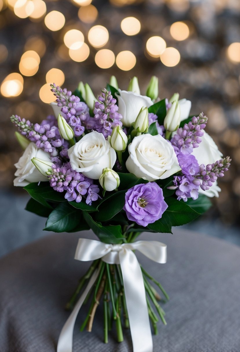 A delicate bouquet of purple freesia and white roses, tied with a satin ribbon