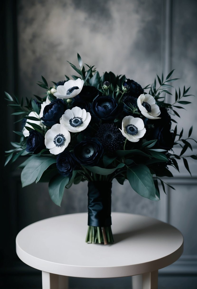 A sleek, black wedding bouquet of anemones and dark foliage, set against a moody, elegant backdrop