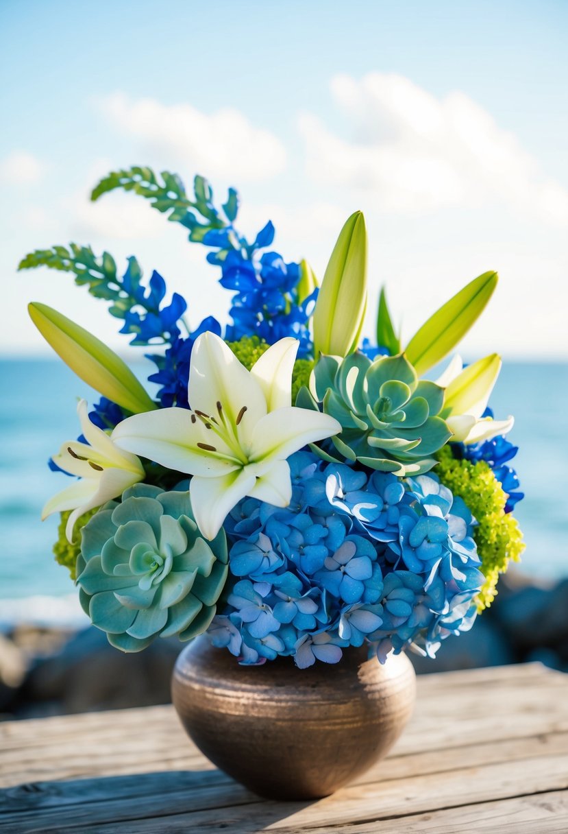 A colorful bouquet of ocean-inspired flowers, including blue hydrangeas, white lilies, and seafoam green succulents, arranged in a rustic vase