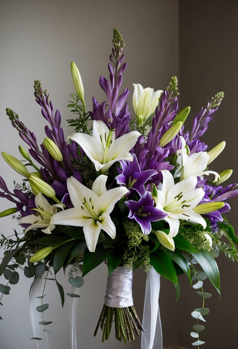 A lush bouquet of amethyst stocks and pure white lilies arranged in a cascading style, with greenery and delicate ribbon accents