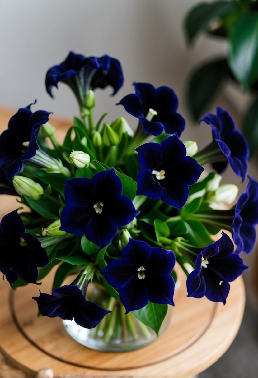 A bouquet of velvety black petunias arranged in a stylish and elegant manner