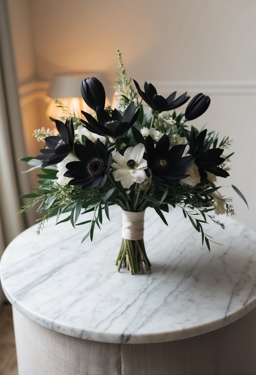 A sleek black wedding bouquet of scabiosa blooms, accented with elegant greenery, sits atop a marble table in a softly lit room