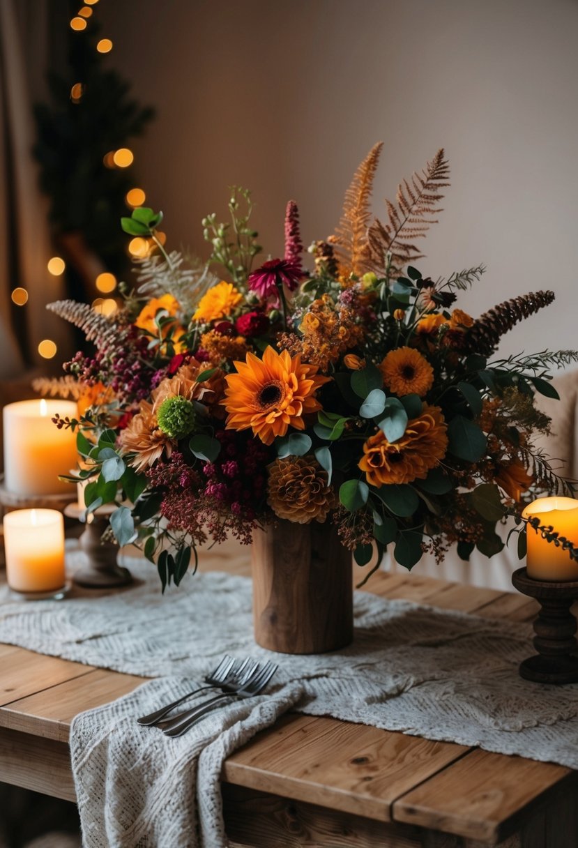 A rustic wooden table adorned with a lush, colorful bouquet of autumnal flowers and foliage, set against a cozy backdrop of warm candlelight and soft textiles