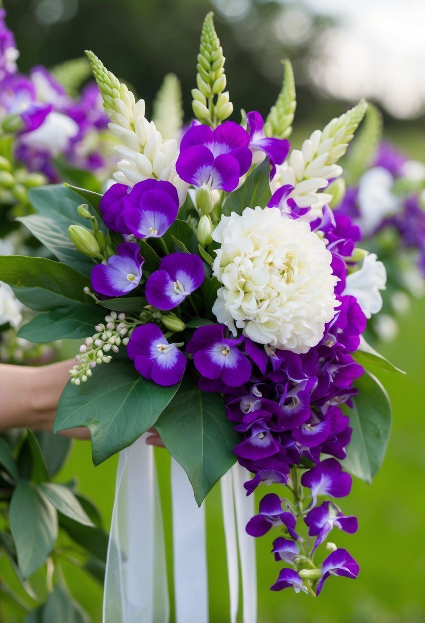 A bouquet of purple sweet peas and white stephanotis arranged in a cascading style, with green foliage and delicate ribbon