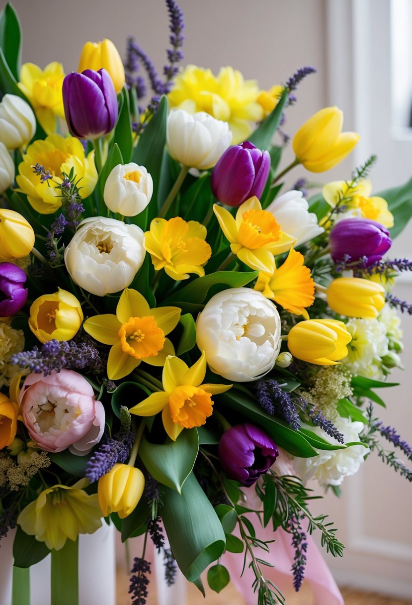 A colorful array of tulips, daffodils, and peonies arranged in a cascading bouquet, with delicate greenery and sprigs of lavender for a springtime wedding