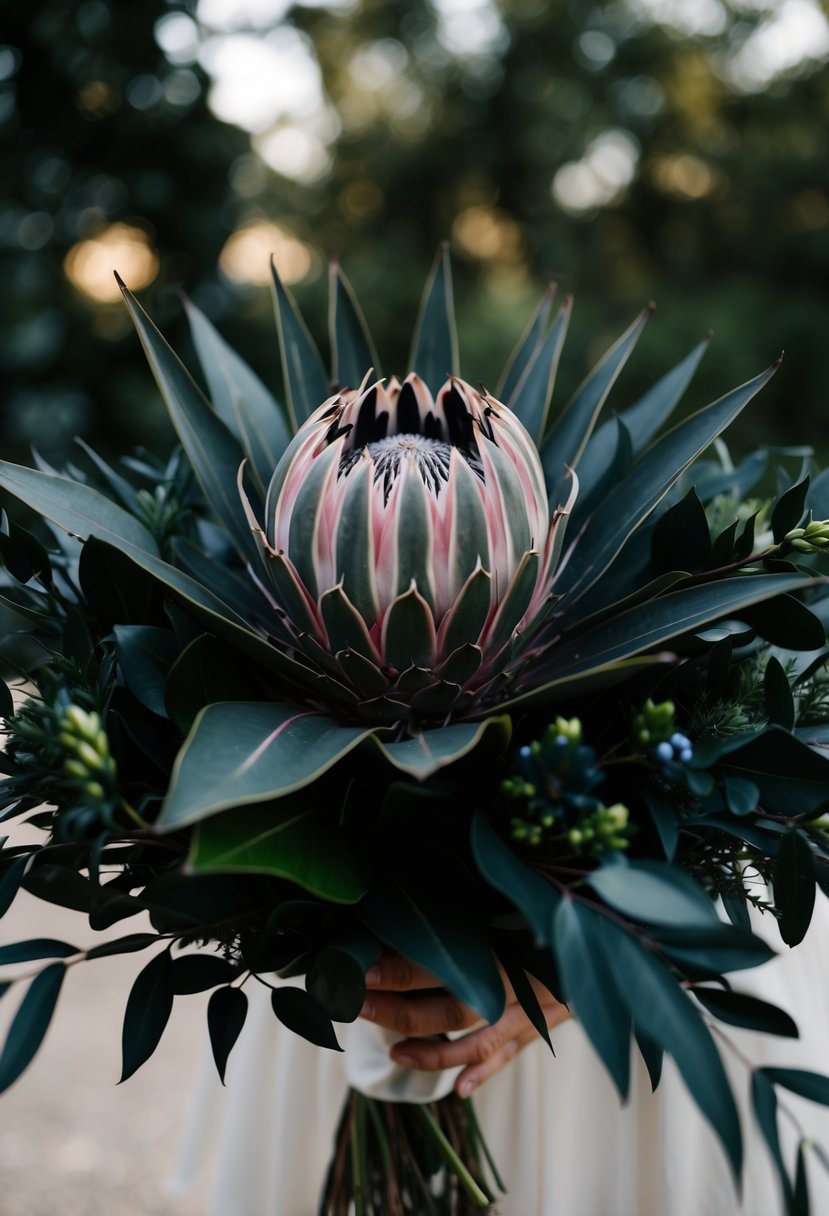 A bold King Protea surrounded by dark foliage and accents, creating a striking black wedding bouquet