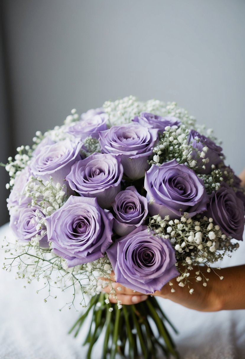 A bouquet of lavender roses and white baby's breath, arranged in a delicate and romantic style